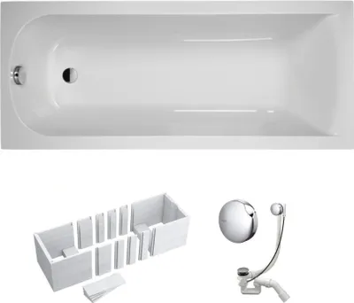 Produktbild von VBChome Badewanne 140 x 70 cm Weiß Acryl SET Wannenträger Siphon Wanne Rechteck Design Modern Styroporträger Ablaufgarnitur in Chrom Viega Simplex