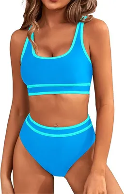 Produktbild von ASKSA Damen Bikini Set y Push Up Badeanzug Zweiteilige Tankini Bademode Swimsuit, Blau, Groesse: L