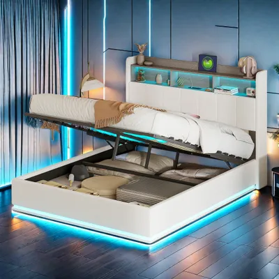 Obrázek produktu pro Čalouněná postel 140x200 cm s USB a zásuvkami, postel pro mladé manželská postel s LED/typ C, úložná postel dřevěná postel funkční postel s úložným čelem