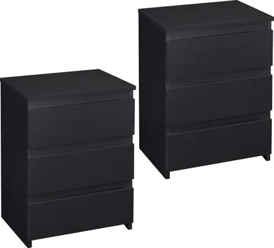 Two black bedside tables with three drawers each, shown from a slightly angled front view against a white background.