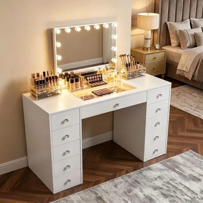 Image de VANITII Coiffeuse LED 6 modes – 11 tiroirs, blanc minimaliste 130×81×55 cm (miroir 58×46 cm)