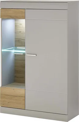 Produktbild von Vitrine Scara - Kieselgrau matt Zinneiche mit LED-Glasbodenbeleuchtung