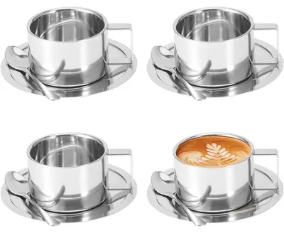 Produktbild von Edelstahl Kaffeetassen Set 4 Stück 200ml Doppelwandig Isolierbecher mit Löffel und Untertasse
