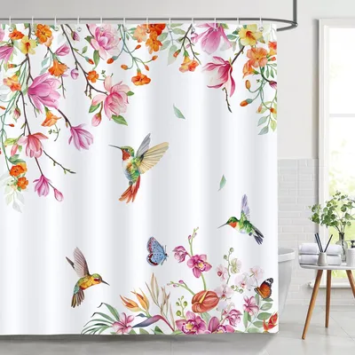 Produktbild von Duschvorhang mit Aquarell-Kolibri-Motiv, 180 x 180 cm, waschbares Polyestergewebe, wasserdicht, mit 12 Haken