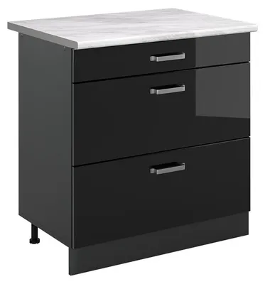 Productafbeelding van Keukenonderkast Vicco R-Line Zwart hoogglans/Antraciet 80 cm met 3 laden marmer werkblad, Model 72414