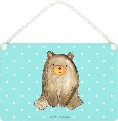 Produktbild von Mr. & Mrs. Panda Schild Bär sitzend DIN A4 - Blau Pastell - Geschenk, wandtafel, Wandbild Holz, Holzschild, Teddy, Türschild, holzbild