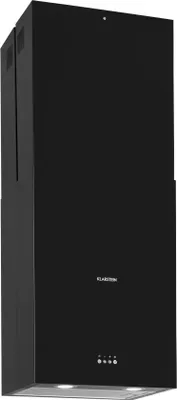 A black island range hood is shown from a side angle against a white background.