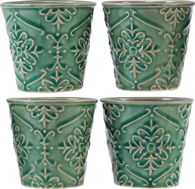 Produktbild von Keramik Übertopf Set Grün Ø7cm H8cm - Pflanzgefäß Dekoration 4er-Set Craquelé Glasur, 4 Stück