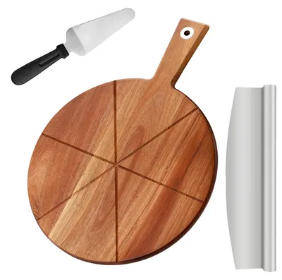 Pizzabrett aus Akazienholz 30 cm mit Pizzaschneider und Paddel