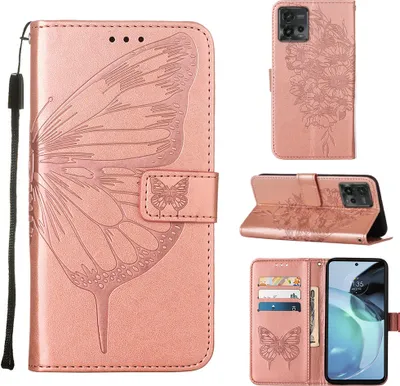 Produktbild von Lederhülle für Motorola Moto G72 Schmetterling Prägung Flip Ledertasche Kartenfächer Handyhülle mit Ständer Pink