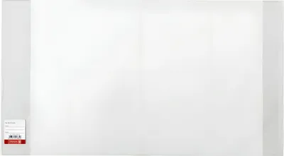 A white book cover protector with a label on the bottom left.