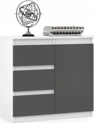 Produktbild von VBChome Kommode 80 x 35 x 75 cm mit 3 Schubladen und 1 Türen Weiß - Graphit Grifflose Schubladenkommode Mehrzweckschrank für Flur Schlafzimmer