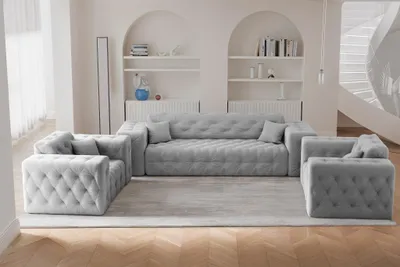 Productafbeelding van Sofaset Designersofa CHANTAL 3-1-1, bekleed met stof Moly in de kleur lichtgrijs