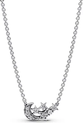 A silver necklace with a moon and star pendant, adorned with clear stones, is displayed against a white background.