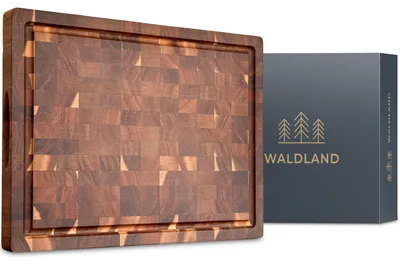 Immagine prodotto di WALDLAND, tagliere premium in legno, grande, 40 x 30 x 3 cm. Realizzato in robusto legno di acacia. Tagliere in legno per la cucina, tagliere spesso con scanalatura per i succhi. Bordi in legno massello