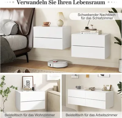 Produktbild von Nachttisch hängend Wandregal mit 2 Schubladen Beistelltisch wandmontiert 42 x 30 x 28 cm Weiß