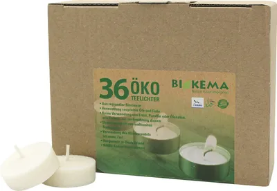 Produktbild von 100% ÖKO-TEELICHTER aus regionaler Bio-Masse, BIOKEMA, Ø38 mm, Brenndauer ca. 4h, ohne Aluminiumhülle, 36 Stück pro Verpackung