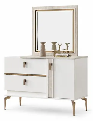 Image de Table de maquillage luxueuse avec miroir mural, espace de rangement et détails décoratifs en or
