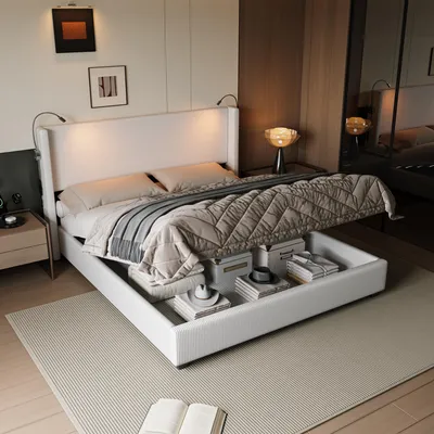 Produktbild von ProximaX Polsterbett 140x200cm mit Lattenrost, Hydraulisches Boxspringbett mit USB und Leselichte, Stauraumbett Doppelbett, Leinen, Beige