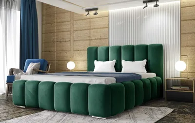 Zdjęcie produktu dla Łóżko tapicerowane AGMAT BALI z wezgłowiem, 200 x 200 cm, łóżko podwójne z podstawą łóżka i metalową ramą z listew, tkanina welurowa: zielony