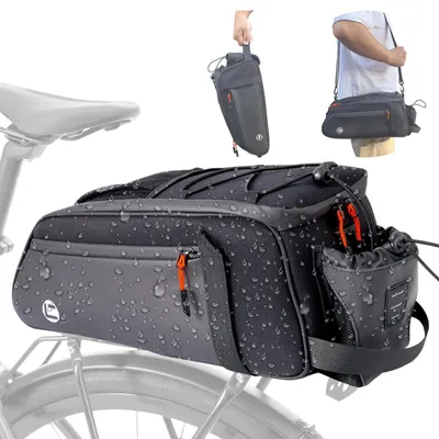 Image de Sacoche de vélo 3 en 1 pour porte-bagages, 9 litres, étanche, réfléchissante, avec bandoulière, couleur noire
