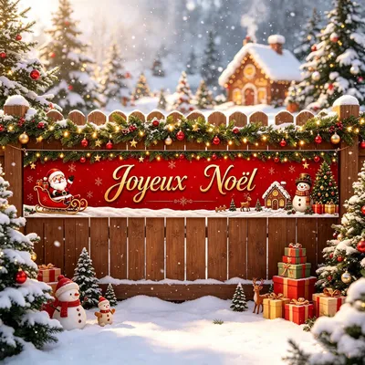 Weihnachtsbanner 300x50 cm, rot mit Weihnachtsmann, Baum, Schneemann
