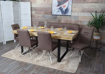 Produktbild von Esszimmer-Set HWC-H70, Sitzgruppe Esszimmergruppe Esszimmergarnitur, Stoff/Textil Edelstahl gebürstet braun 180cm
