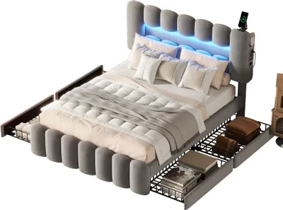 Produktbild von Polsterbett mit LED-Beleuchtung, Schubladen und Lautsprecher, 160x200 cm, Kopfteil, höhenverstellbarer Doppelbett, Samt