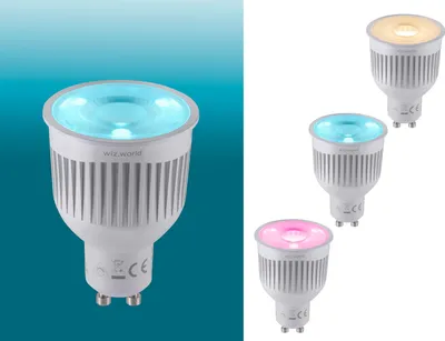 Produktbild von RGBW WiZ LED Leuchtmittel mit GU10 Sockel 6 Watt, Sprachsteuerung, Fernbedienung