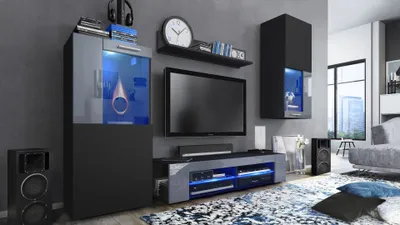 Produktbild von Vladon Wohnwand Movie, Anbauwand bestehend aus 1 TV-Board, 2 Vitrinen und 1 Regal, Schwarz matt/Schwarz matt/Grau Hochglanz, inkl. LED-Beleuchtung blau (Gesamt: 300 x 190 x 39 cm)