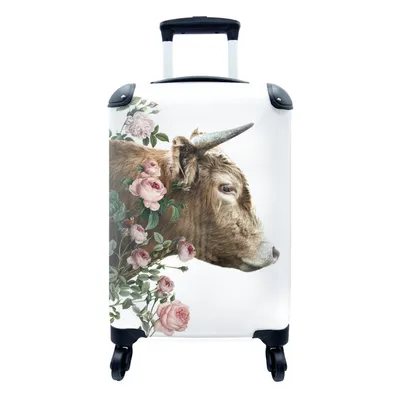 Produktbild von MuchoWow® Koffer Handgepäck Trolley Rollkoffer Kleine Reisekoffer mit 4 Rollen - Schottischer Highlander - Blumen - Rosa - Cabin Size < 55x40x23 cm & 55x40x20 cm - Fotokoffer - Kabinenkoffer - Boardgepäck - Reise-Box - Reisekoffer - Reisegepäck - Koffer mit Bild - Trolley für Kinder