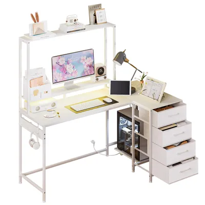 Produktbild von Eckschreibtisch L-Form, 4 Schubladen, Steckdose, USB, LED, Regal für Gaming&Büro