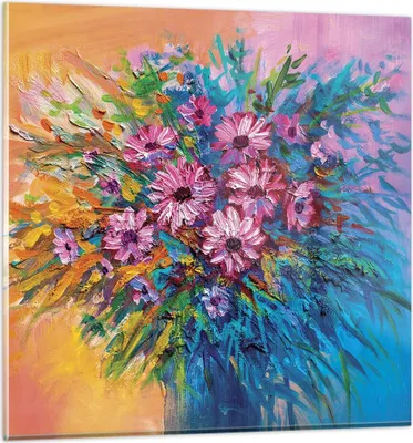 Produktbild von Bilder auf glas - Einteilig - Blumenstrauß Blumen Öl - 70x70cm - Glasbilder - Wandbilder - Bilder - zum Aufhängen bereit - Wanddekoration aus Glas - Glas Bilder - Wandbild auf Glas - GAC70x70-4533