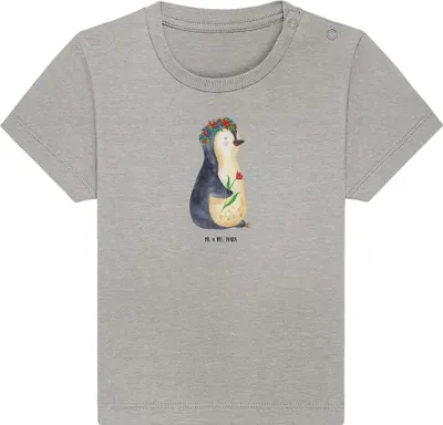 Produktbild von Mr. & Mrs. Panda Organic Baby Shirt Pinguin Blumen 12. - 18. Monat - Heather Grey - Geschenk, Kinder Top, Liebeskummer, T-Shirt, Ziele, , Wunderschön, Motivation