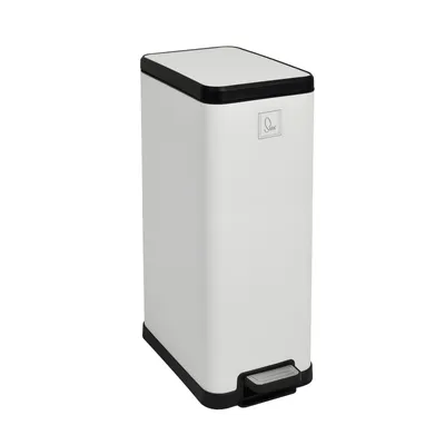 A white pedal bin with a black lid and pedal, shown against a white background.