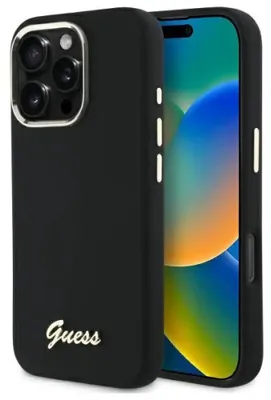Obrázok produktu pre Silikónové puzdro Guess s kovovým logom a rámom pre iPhone 16 Pro Max - čierna