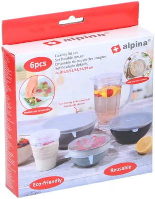 Produktbild von alpina Flexible Deckel - Silikon-Deckel - Stretch - Ø 6/9/11/14/16/20 cm - Wiederverwendbar - 6 Stück - Transparent