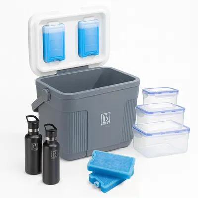 Produktbild von Brisby Kühlbox 22 l – Grau – Bis zu 40 Stunden Isolierung – Inklusive 4 x 450 ml Kühlelemente, 3-teiligem Vorratsdosen-Set und 2 x 500 ml Thermosflaschen aus schwarzem Edelstahl – Intelligenter Verschluss – Kühlelemente im Deckel integriert