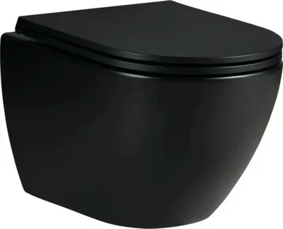 A black wall-mounted toilet.