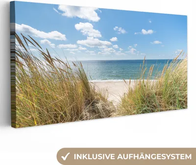 Produktbild von MuchoWow® - Leinwandbilder - Düne - Gras - Meer - Strand, Wandbild, Wanddeko Bilder Wohnzimmer, 80x40 cm