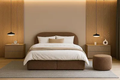 Produktbild von Sofello Boxspringbett 120-200x200 abgerundete FormMoon Box 200x200 cm Quelle boucle stoff Zimt Modernes Polsterbett mit Stauraum!Möglichkeit,einen Pouffe aus dem Arrangement zu kaufen!