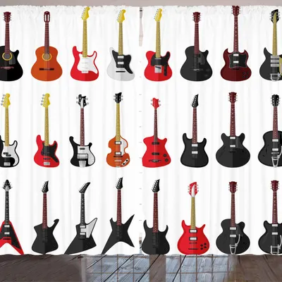 Produktbild von ARANDE Gitarre Gardine, Musikalische Instrumente Set Pattern mit verschiedenen akustischen Bass Musik machen, 280 x 175 cm, Vermilion Schwarz Weiß