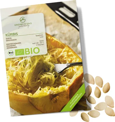 Produktbild von Kürbis Samen (Spaghetti, 5 Korn) - Kürbis Saatgut aus biologischem Anbau ideal für die Anzucht im Garten, Balkon oder Terrasse