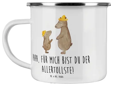 Produktbild von Mr. & Mrs. Panda Pott Bären mit Hut - Weiß - Geschenk, Papa, Vatertag, Emaille Becher, Blechtasse, Paps, Tasse, Muttertag, Familie, Teetasse, Haferl
