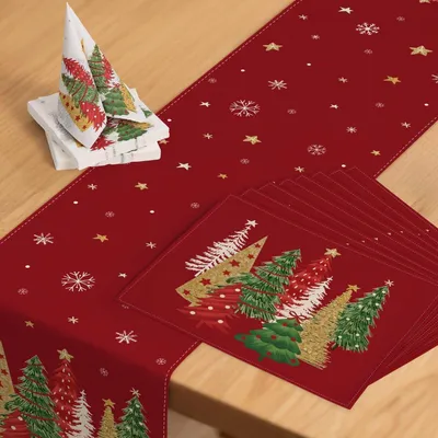 Immagine prodotto di Set per la decorazione della tavola natalizia: 1 tovaglietta da tavolo (40x240 cm), 8 sottopiatti, 40 tovaglioli di carta, tutti di colore rosso