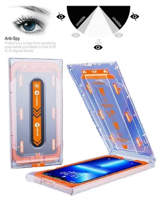 A product display showing an anti-spy screen protector for a smartphone, with an application guide and a diagram illustrating its privacy features.