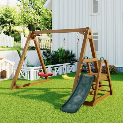 Produktbild von Flieks Spielturm mit Schaukel und Rutsche Garten, Doppelschaukel Kinderschaukel Schaukelgerüst mit Rutsche und Leiter, Massivholz, 238,5x240x168,9cm