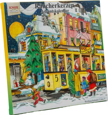 Das Bild zeigt einen sehr farbenfrohen bunten Adventskalender mit 24 Türchen auf dem Häuser Menschen ein Weihnachtsbaum und eine Straßenbahn zu sehen sind