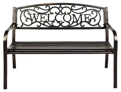 Image de Banc de jardin en métal - Banc de parc d'extérieur - Avec dossier et accoudoirs - Pour le jardin, la terrasse, le balcon - À monter - Marron