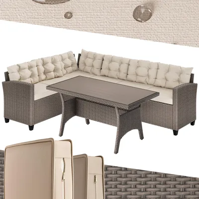 Produktbild von CASARIA® Polyrattan Ecklounge Set WPC Esstisch Ecksofa inkl. 7cm Sitzauflagen 15cm Kissen Wetterfest Outdoor Lounge Garten Terrasse Balkon Möbel Beige